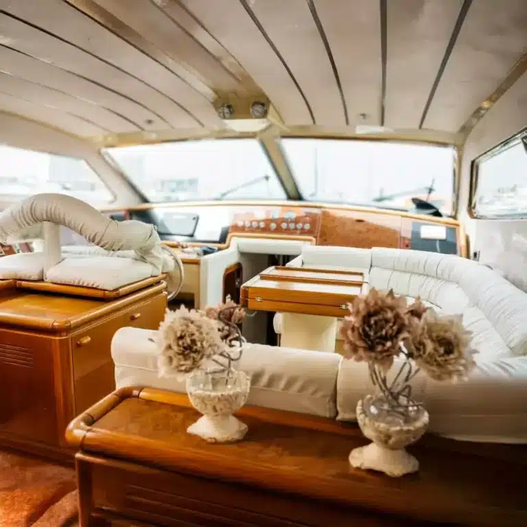 Luxurious interior of a yacht featuring plush white sofas, wooden accents, and a cockpit area with high-end materials.