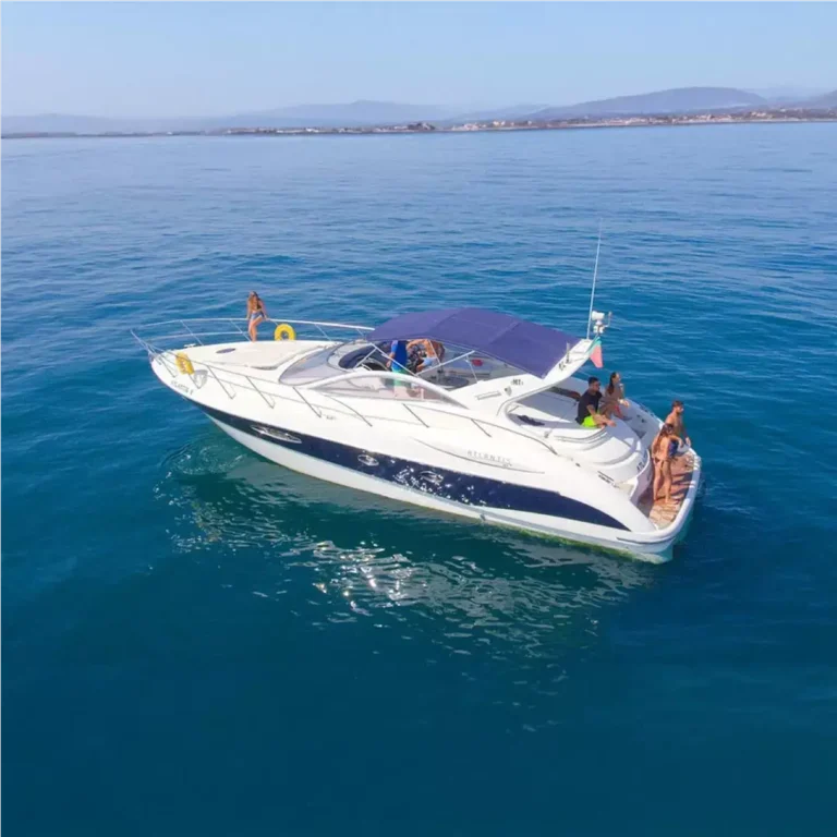 A motorboat on a calm sea with individuals enjoying a sunny day, clear blue skies and a distant shore.