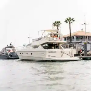 Yacht BLUEDAYS moored at a marina with coastal buildings and palm trees in the background on an overcast day.