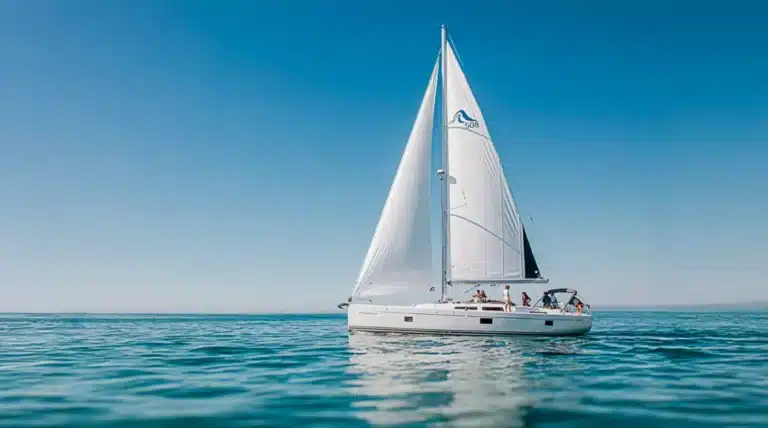 Sailboat Katerina Wings on a calm sea with open sails, enjoying clear blue skies and good weather with several individuals on board.