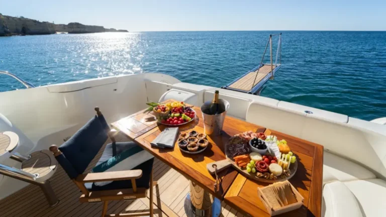 Luxurious dining setup on Mr Cliff yacht at Marina de Vilamoura, featuring an elegant spread under a serene seascape on a sunny day.