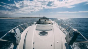 Front deck of the luxury motor yacht YOLO One cruising towards the horizon from Marina de Vilamoura, Quarteira, Faro.