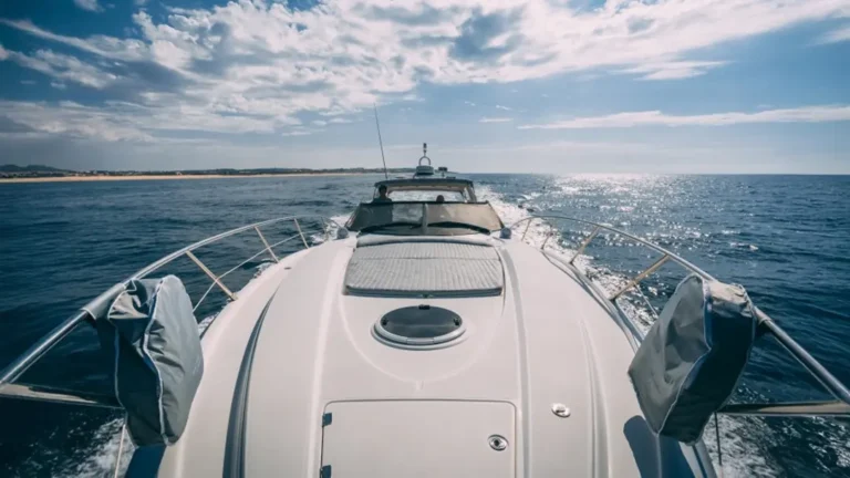 Front deck of the luxury motor yacht YOLO One cruising towards the horizon from Marina de Vilamoura, Quarteira, Faro.