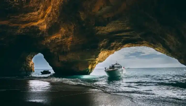 A stunning view from inside a sea cave with natural light, showing the YOLO One boat entering from the sea at Marina de Vilamoura.